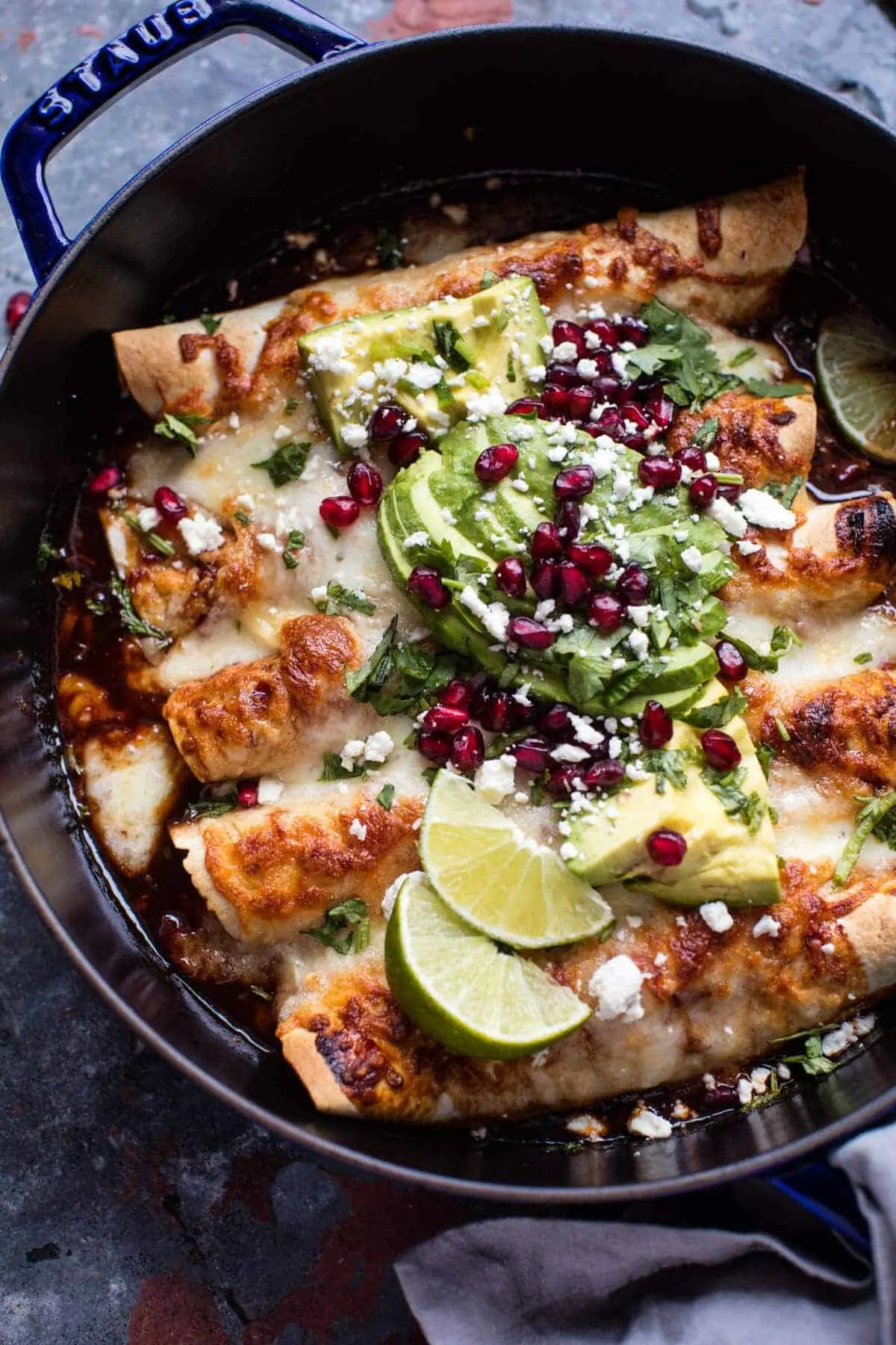 cheesy-sweet-and-sour-pomegranate-thai-chicken-enchiladas