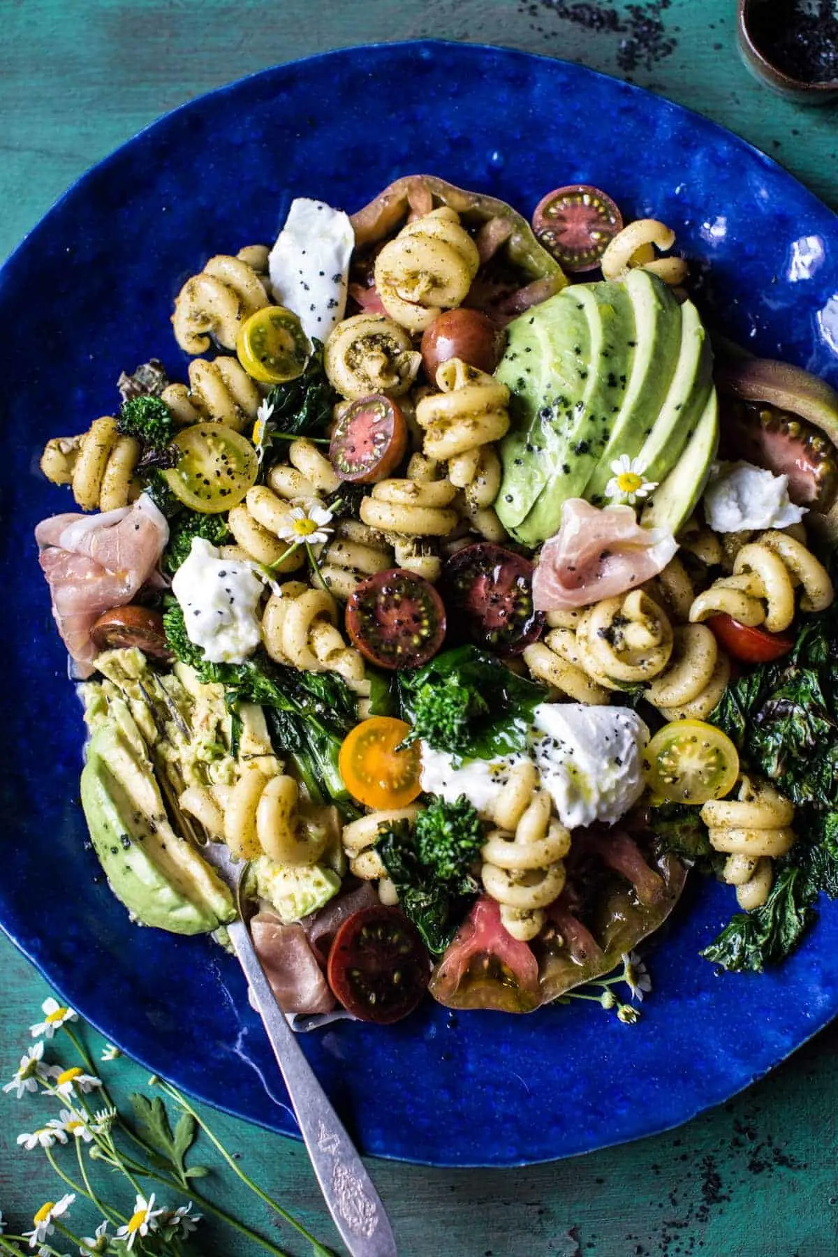 avocado-caprese-pasta-with-grilled-broccoli-rabe