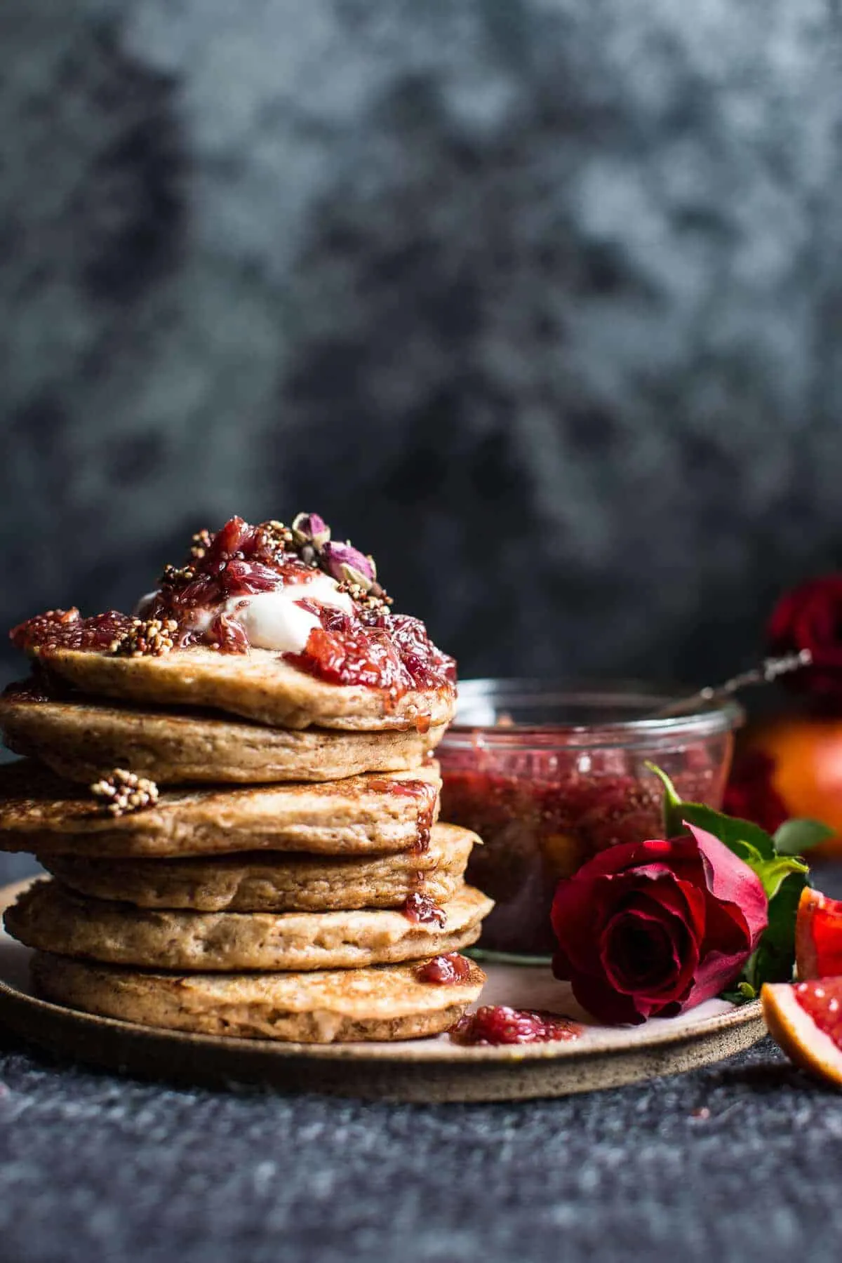 coconut-quinoa-pancakes-with-citrus-whipped-ricotta-and-rosy-blood-orange-jam.