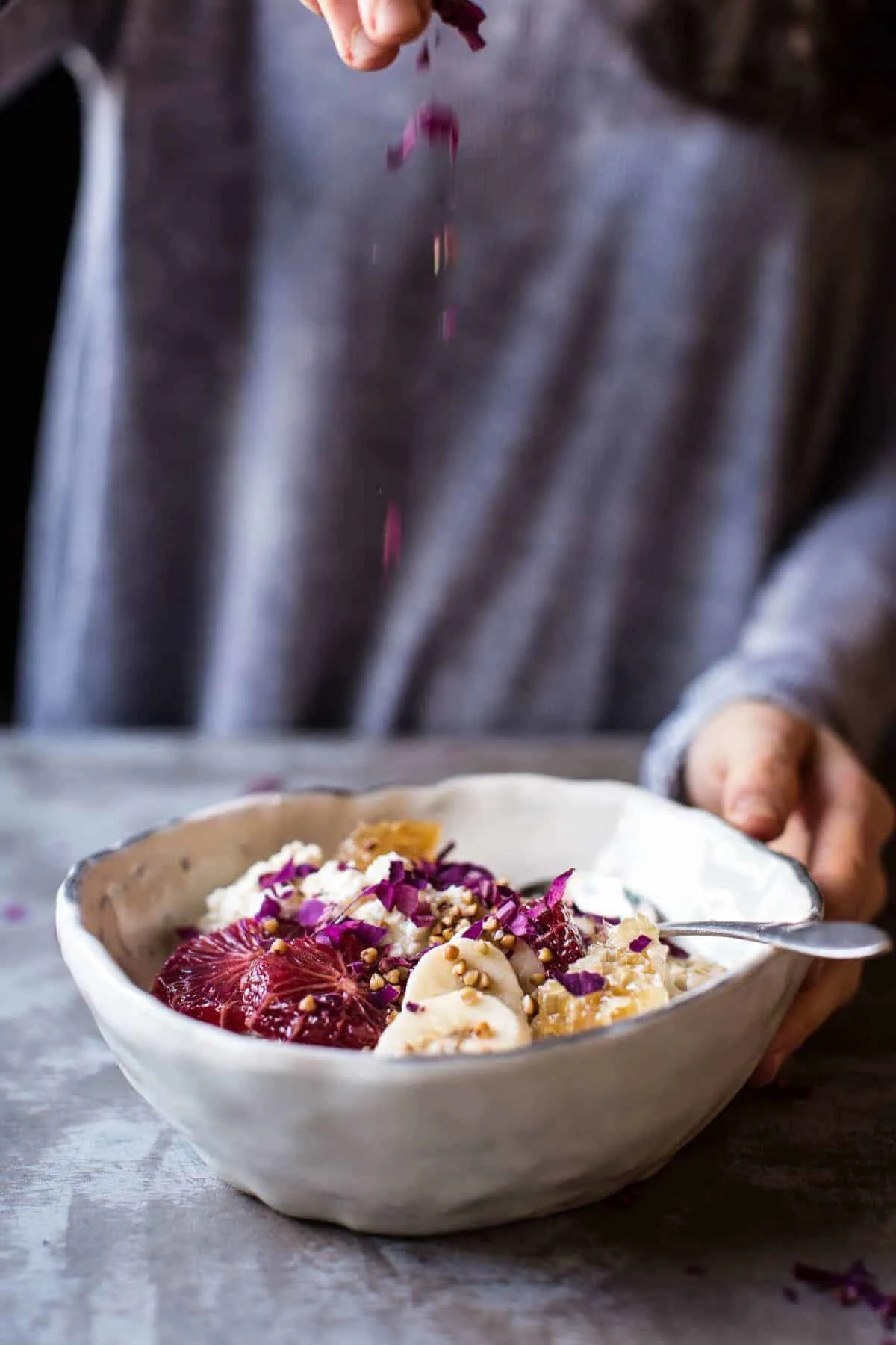 banana-oatmeal-with-ricotta-honey-orange-and-toasted-buckwheat.