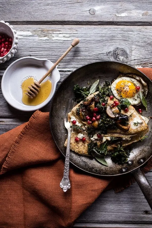 buttered-hazelnut-crepes-with-caramelized-wild-mushrooms-kale-and-pomegranate-goat-cheese