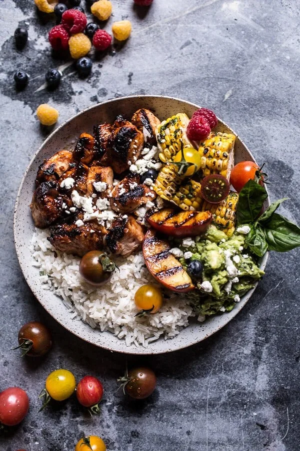 bbq-chicken-and-grilled-corn-rice-bowls-with-berry-smashed-avocado