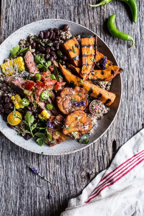 brazilian-steak-and-grilled-sweet-potato-fry-quinoa-bowl-with-spicy-coconut-tomato-sauce
