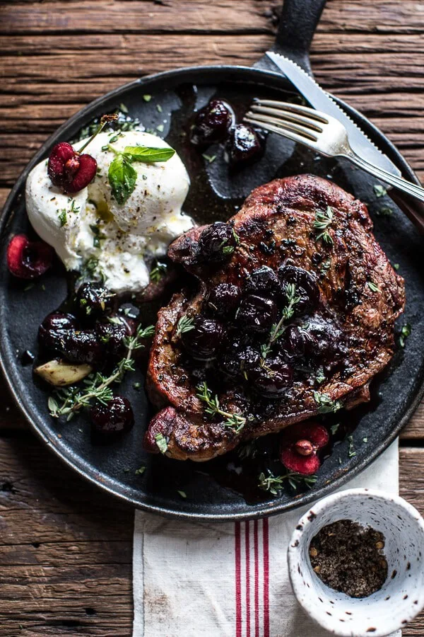 smoked-ancho-chile-salted-steaks-with-drunken-burst-sweet-cherries-burrata