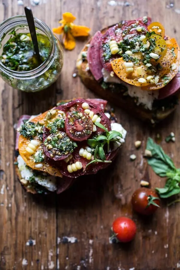 tomato-salami-and-chunky-arugula-basil-pesto-bruschetta