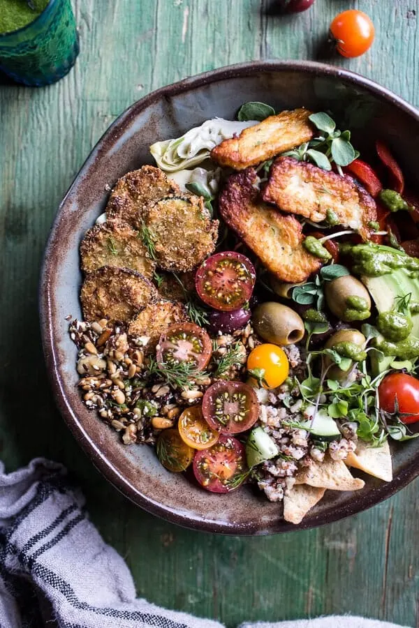 greek-goddess-grain-bowl-with-"fried"-zucchini-toasted-seeds-and-fried-halloumi