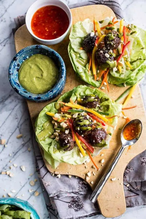 vietnamese-meatball-lettuce-wraps-with-mango-salad-cilantro-basil-cashew-sauce.