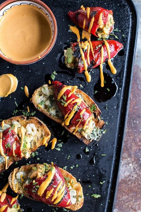 cheesy-avocado-crab-stuffed-piquillo-pepper-ciabatta-pizzette's-with-sriracha-aioli.