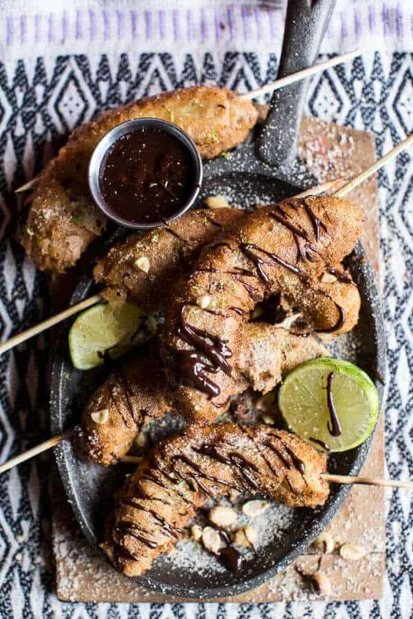 banana-fritters-on-a-stick-with-peanut-sugar-mexican-chocolate-sauce