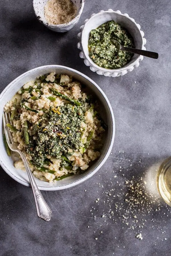 quick-cauliflower-"risotto"-with-asparagus-cilantro-basil-hemp-seed-pesto.