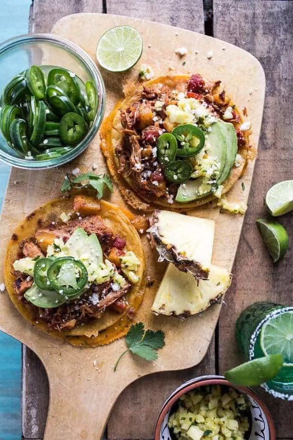 chipotle-pineapple-chicken-tinga-quesadilla-tostadas-with-tequila-lime-pickled-jalapeno's.