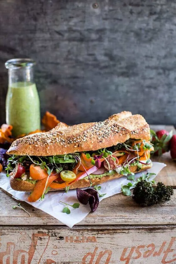 california-rainbow-veggie-sub-with-goddess-dressing-bbq-kale-chips