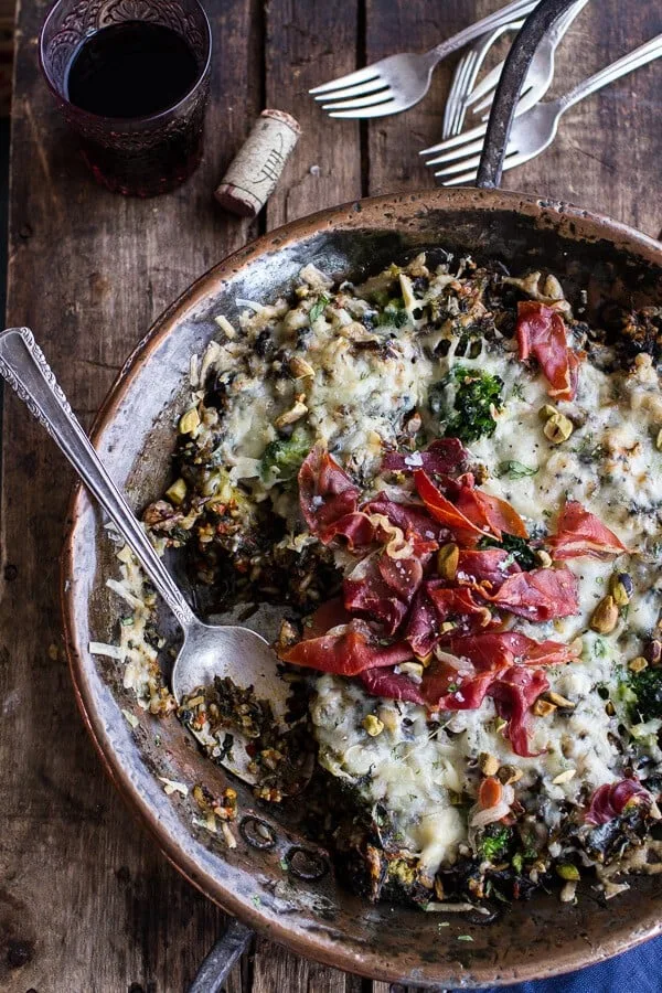 harissa-broccoli-spinach-wild-rice-casserole-with-crispy-prosciutto