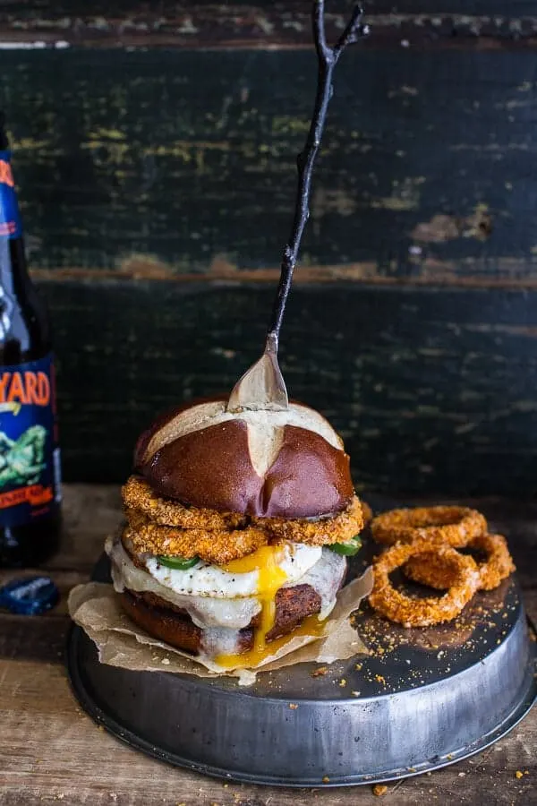 chili-style-sweet-potato-black-bean-burgers-wbaked-cheddar-beer-onion-rings-fried-eggs