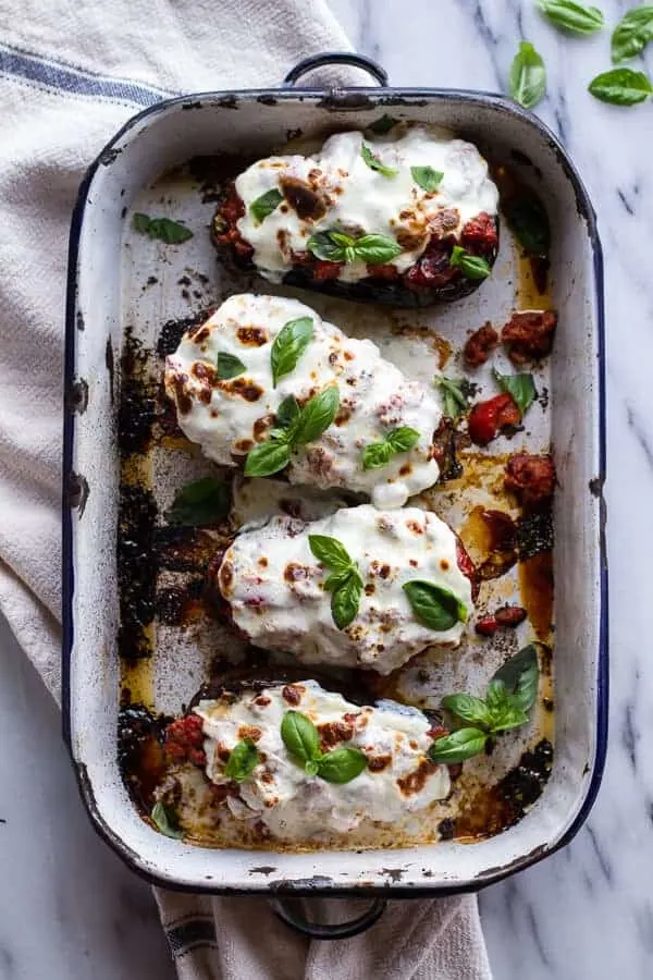 parmesan-roasted-garlic-eggplant-and-spicy-italian-chicken-sausage-lasagna-boats