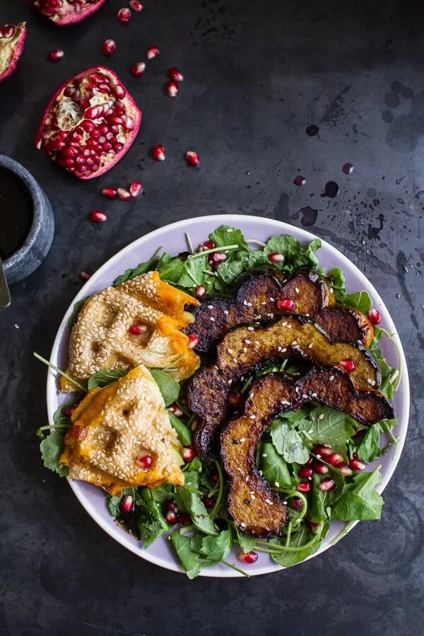 miso-roasted-acorn-squash-pomegranate-salad-wwaffled-cheddar-apple-tahini-toast.