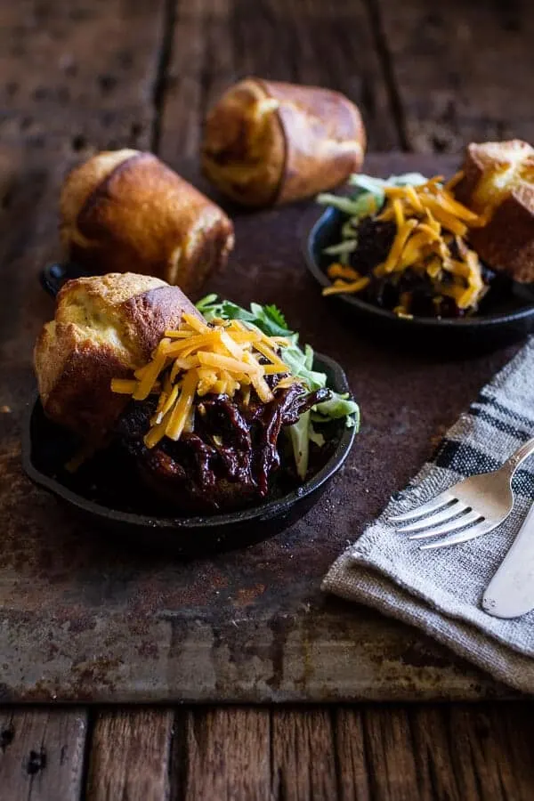 crockpot-bbq-beer-pulled-chicken-with-cheddar-corn-popovers