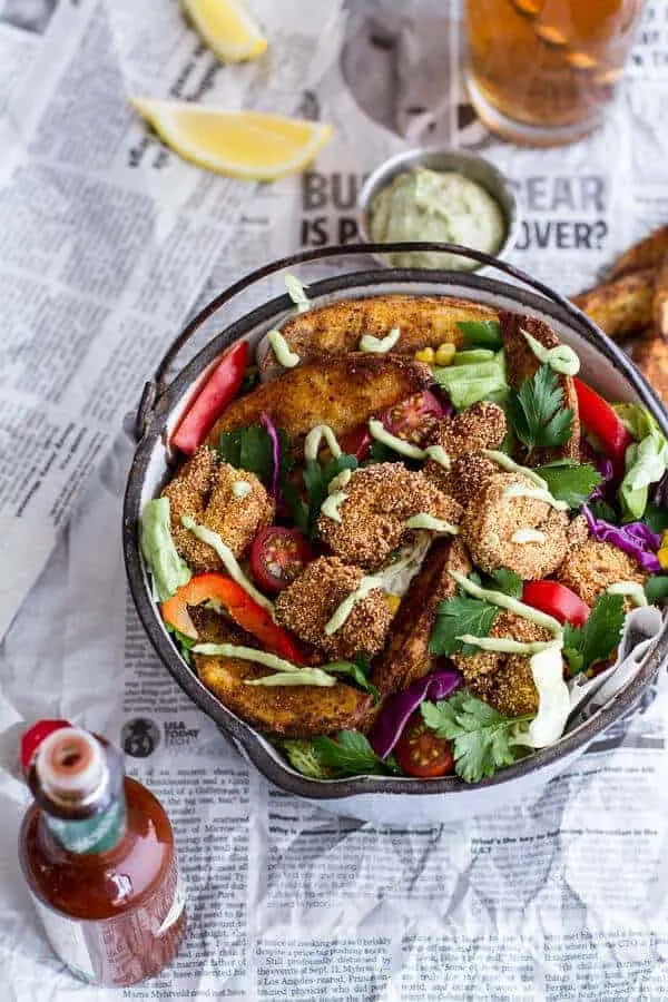 cajun-shrimp-'n'-chips-po-boy-salad-with-avocado-tarter-sauce