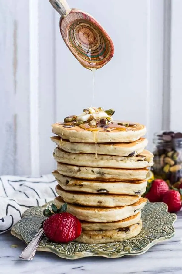 chocolate-chip-lemon-baklava-pancakes-with-salted-vanilla-honey-syrup