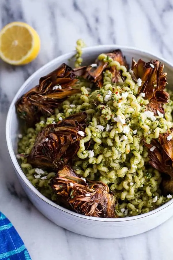 pan-fried-lemony-artichokes-with-asparagus-pistachio-pesto-pasta.