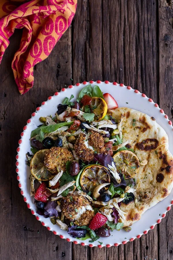 moroccan-chicken-salad-with-pistachio-crusted-fried-goat-cheese-garlic-naan.