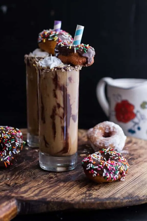 coconut-iced-coffee...with-mini-chocolate-glazed-coffee-doughnuts.