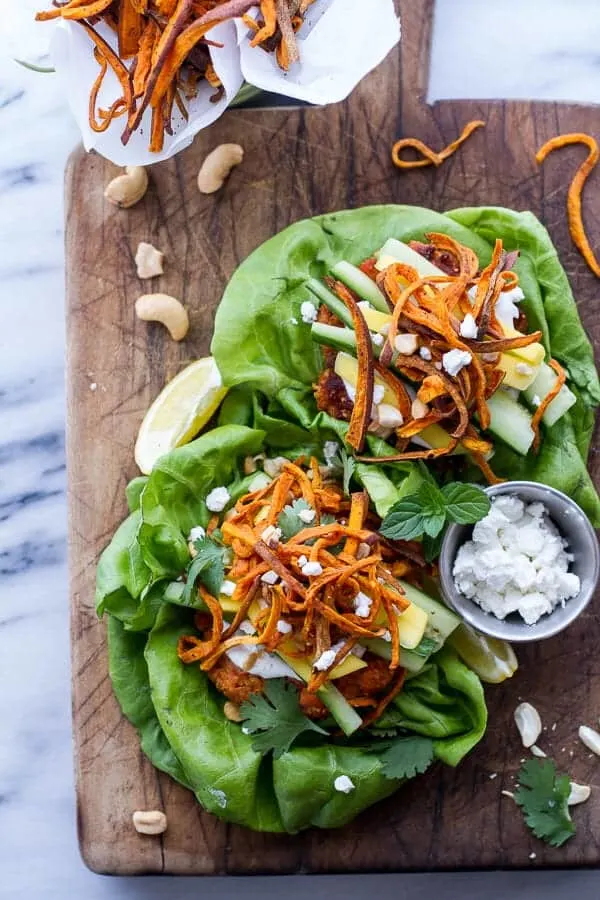 curried-salmon-burger-lettuce-wraps-wcrispy-sweet-potato-straws-goat-cheese.