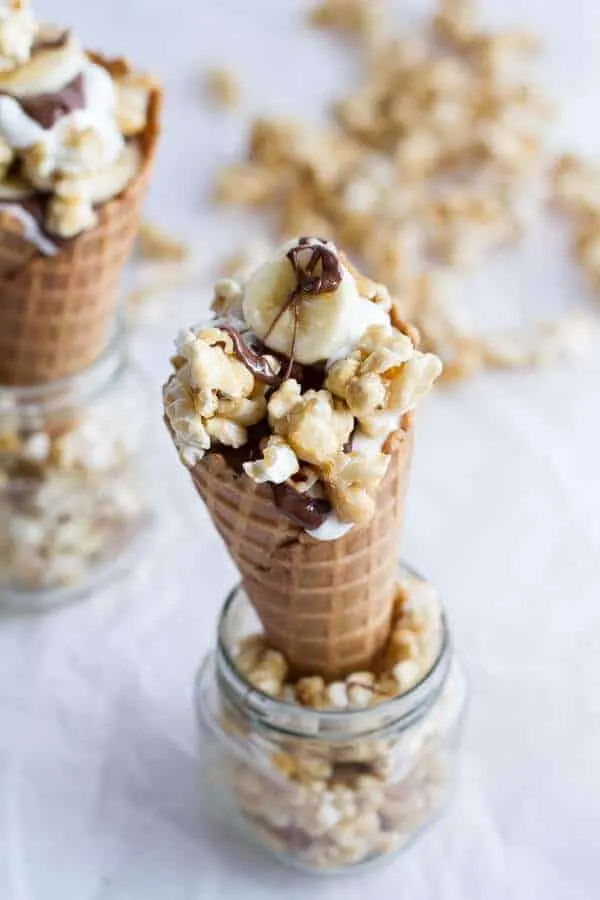 banoffee-nutella-greek-yogurt-waffle-cone-parfaits-with-cashew-caramel-popcorn.
