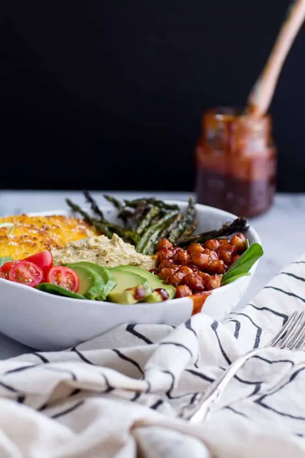 spicy-bbq-chickpea-and-crispy-polenta-bowls-with-asparagus-ranch-hummus
