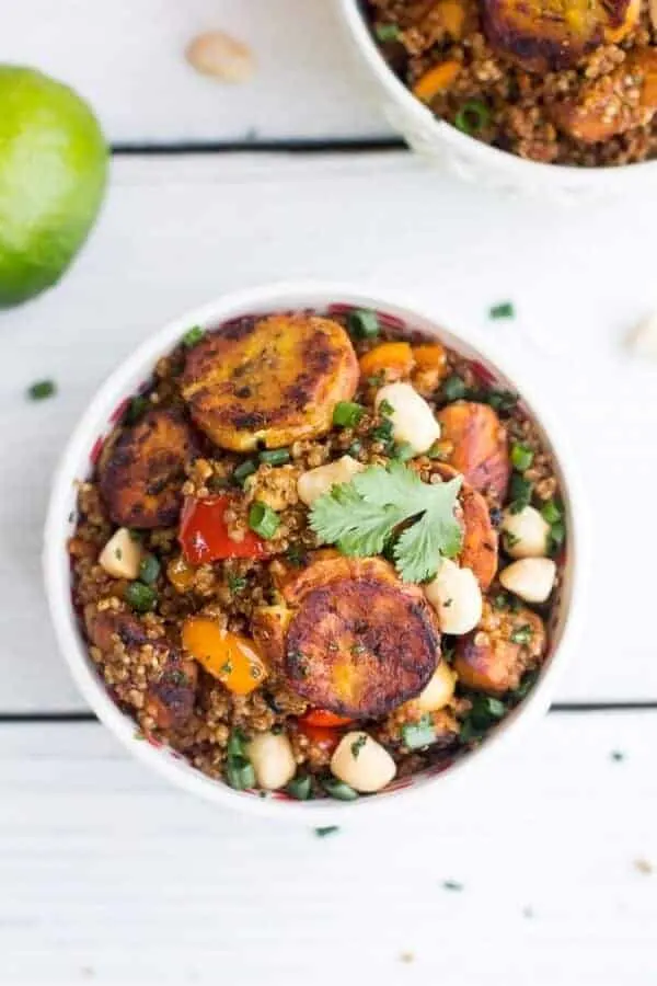 jamaican-jerk-chicken-fried-plantain-and-coconut-fried-quinoa-with-macadamia-nuts