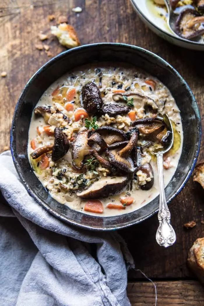 slow-cooker-creamy-wild-rice-soup-with-butter-roasted-mushrooms