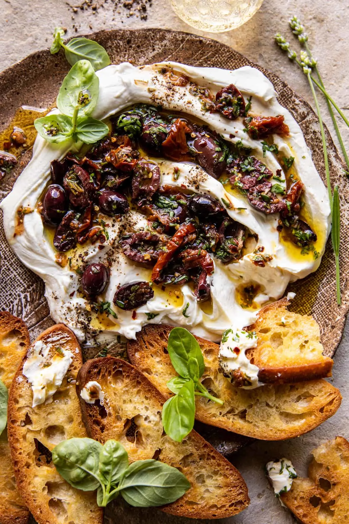 honey-whipped-goat-cheese-with-marinated-olives