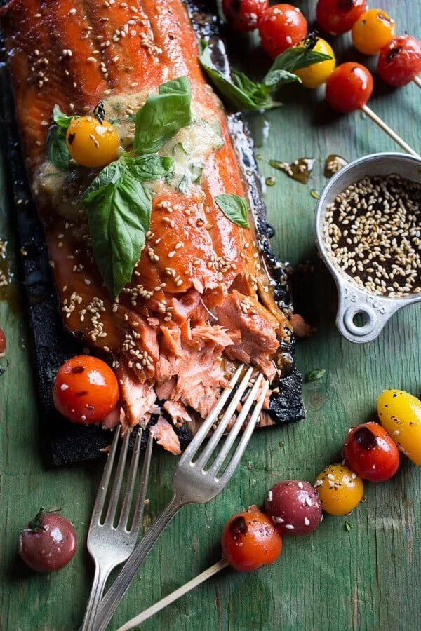 cedar-plank-grilled-sesame-salmon-with-kimchi-miso-butter-and-grilled-tomatoes.