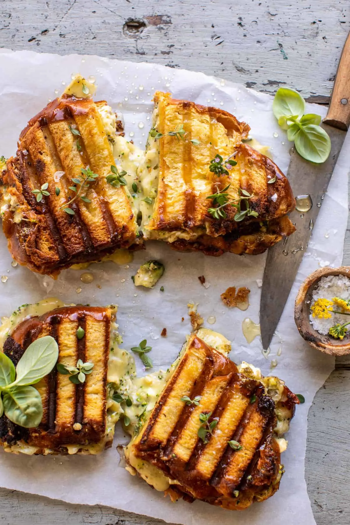 artichoke-and-broccoli-pesto-brie-panini-with-thyme-honey.