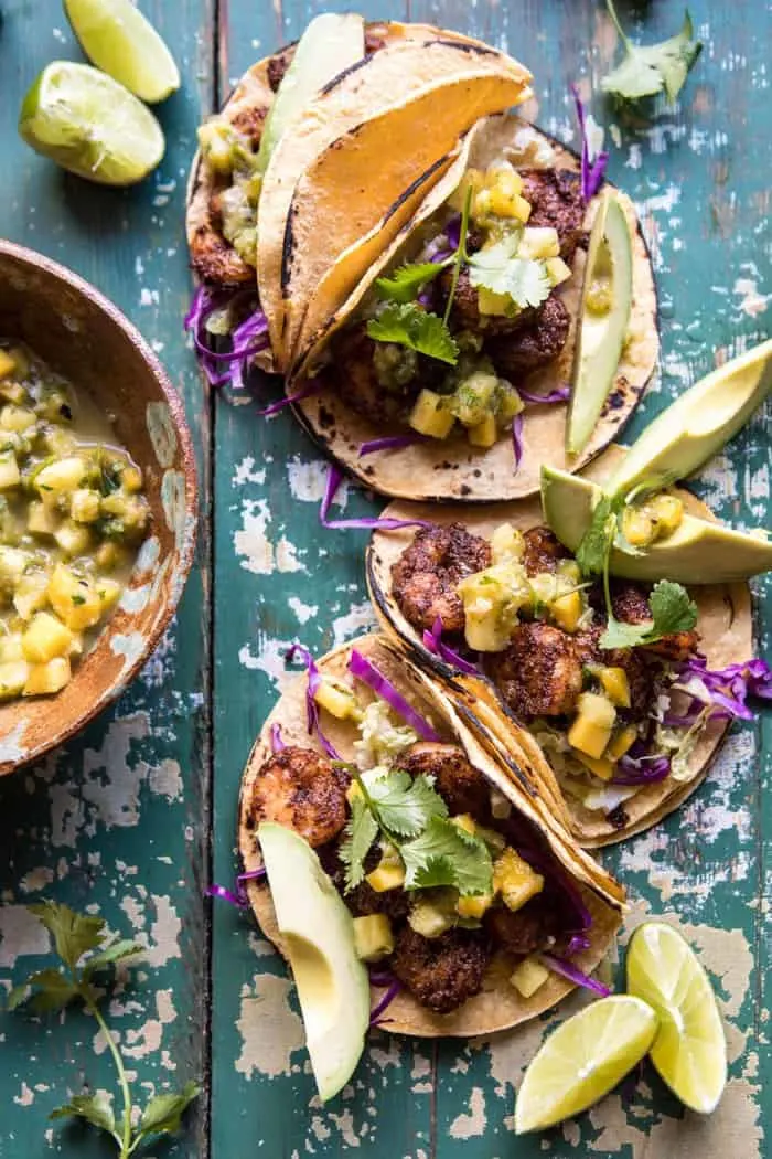 20-minute-caribbean-shrimp-tacos-with-roasted-jalapeno-pineapple-salsa-verde