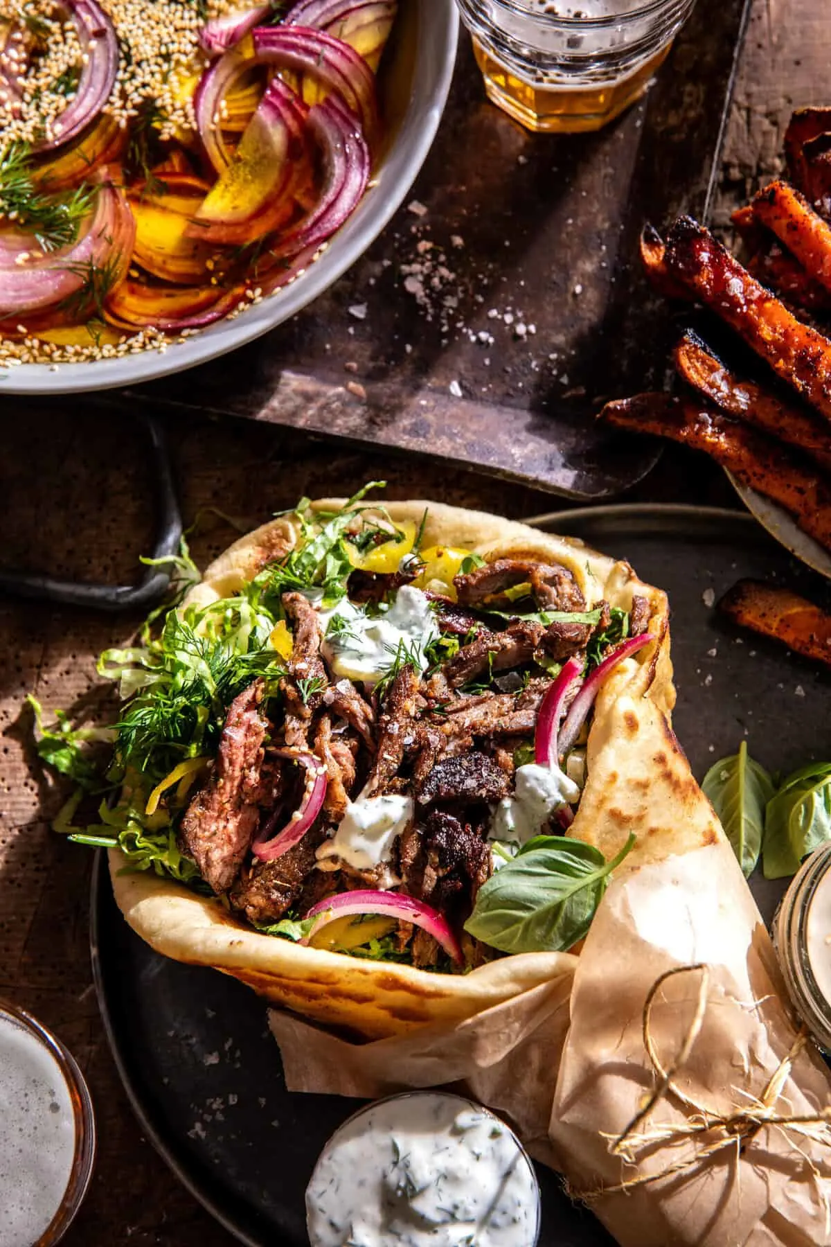 sheet-pan-steak-gyros-with-feta-tzatziki-sauce