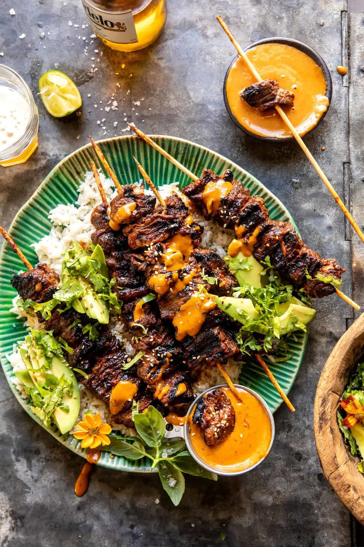 sesame-ginger-steak-skewers-with-peanut-sauce