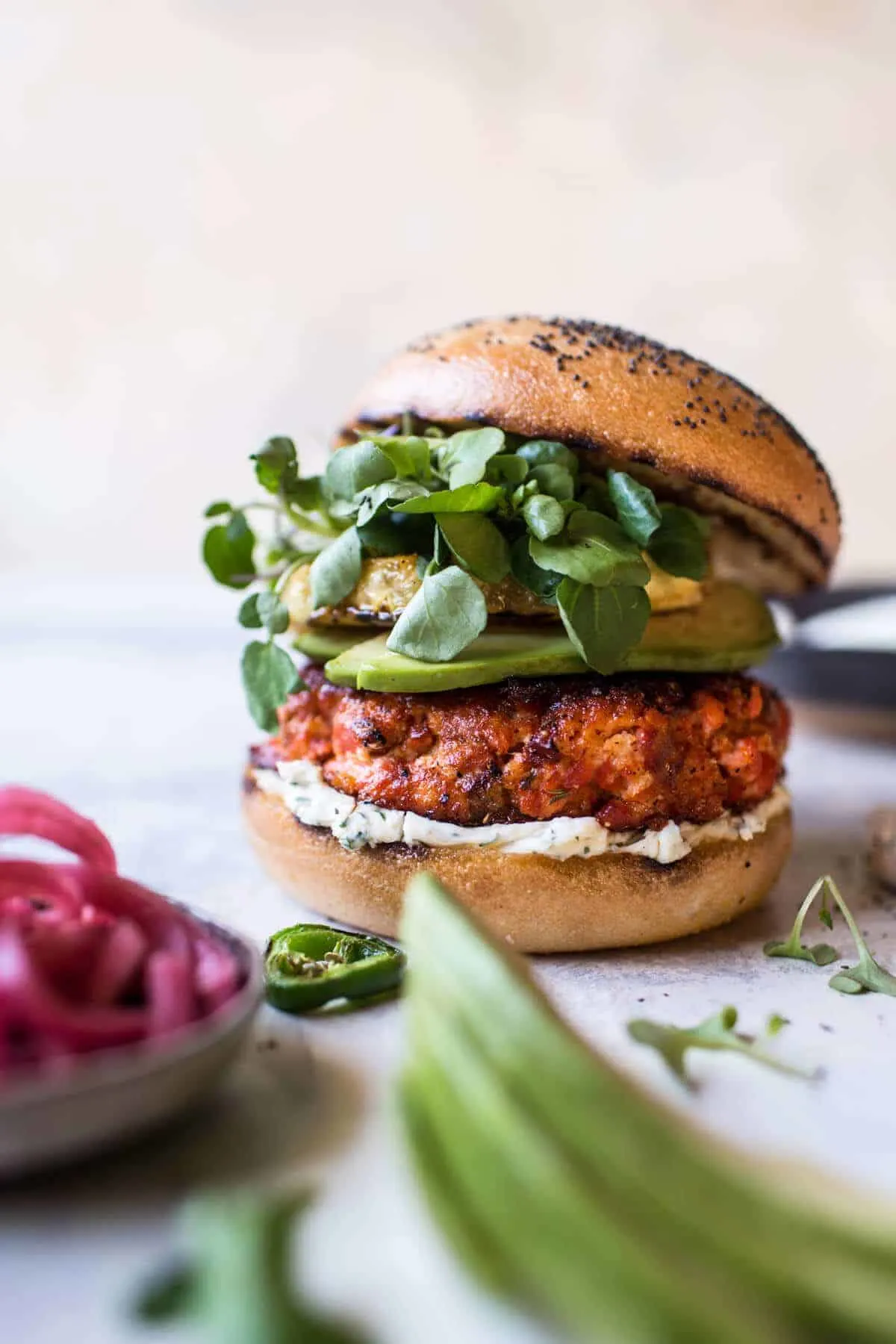 blackened-salmon-burgers-with-herbed-cream-cheese