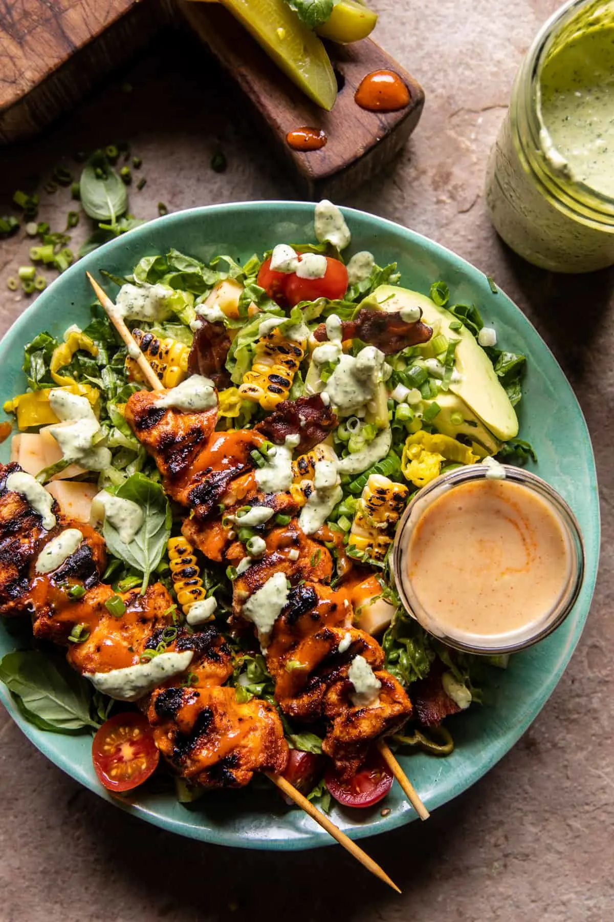 chopped-honey-buffalo-chicken-skewer-salad
