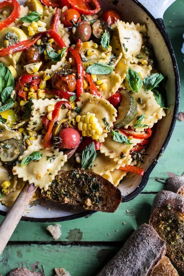 garden-veggie-and-ravioli-skillet-with-pistachio-herb-butter.
