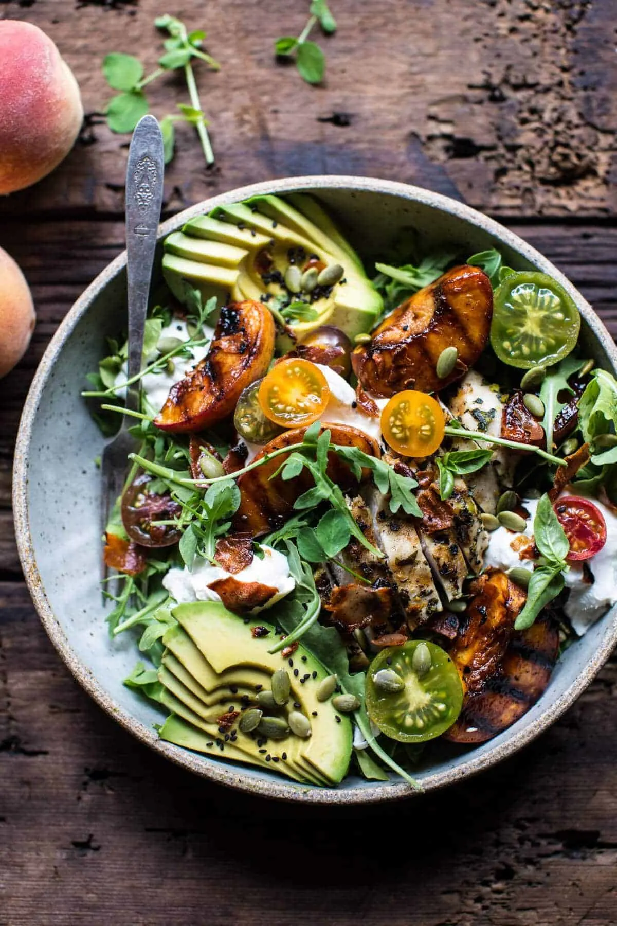 balsamic-peach-basil-chicken-salad-with-crispy-prosciutto.