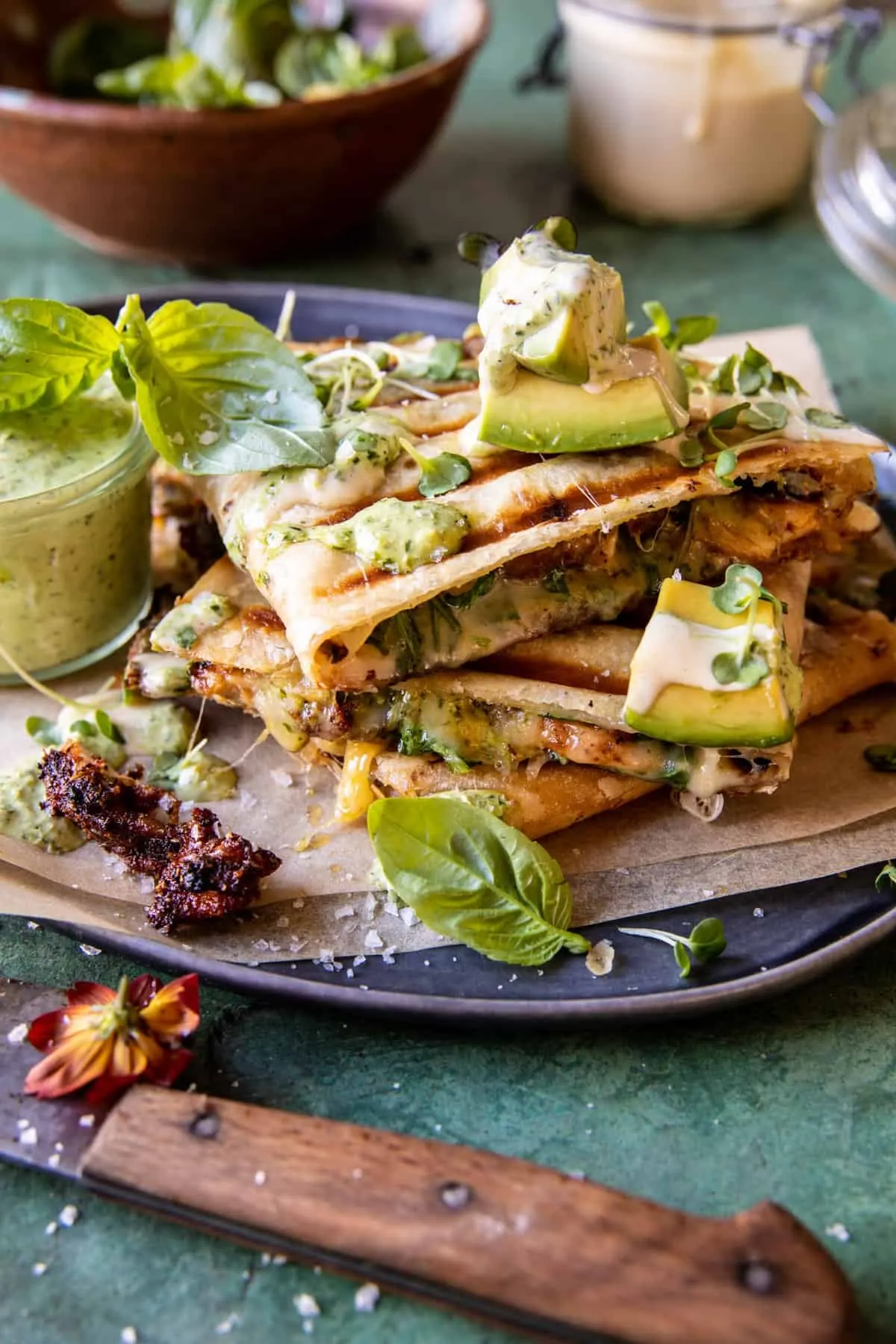 black-pepper-chicken-and-bacon-quesadillas-with-avocado-basil-ranch