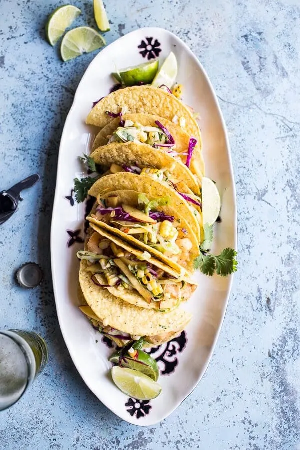 seafood-tacos-with-lime-green-chile-sauce-grilled-corn-slaw.