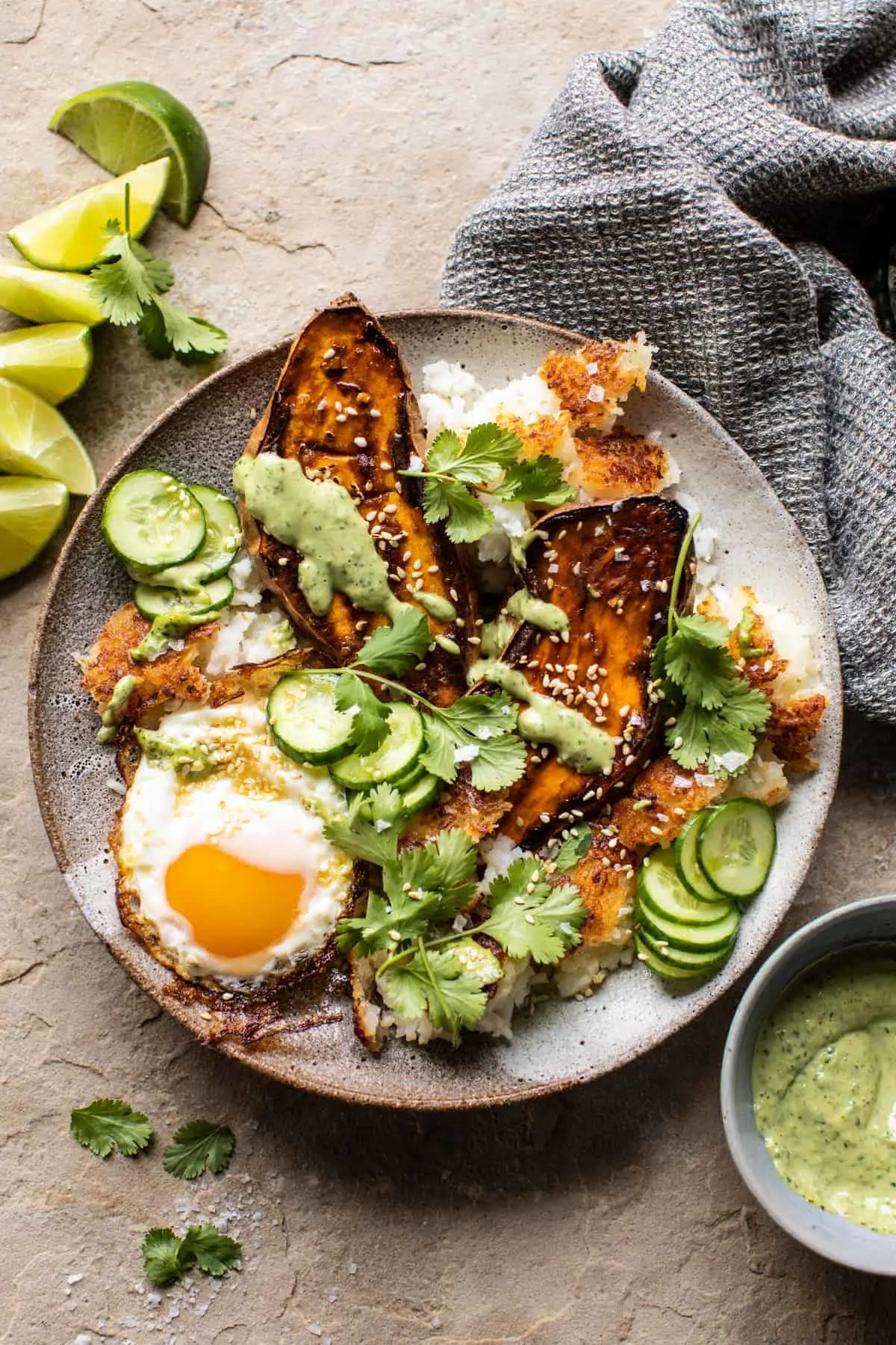 crispy-rice-bowl-with-browned-butter-sweet-potatoes-and-herby-green-tahini