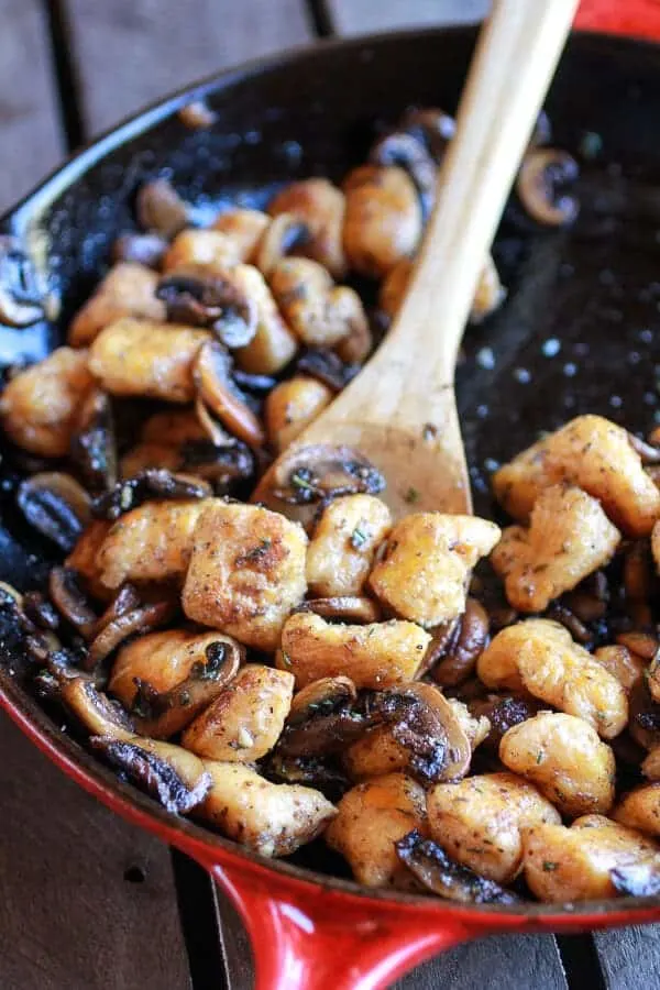 crispy-brown-butter-sweet-potato-gnocchi-with-balsamic-caramelized-mushrooms-goat-cheese