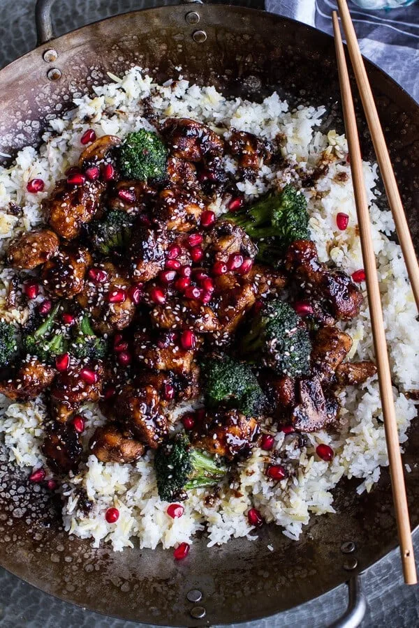 pomegranate-sesame-chicken-with-ginger-rice-pilaf