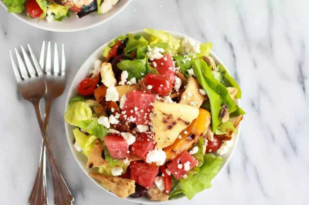 chicken-gyro-salad-with-homemade-pita-chips-watermelon-feta