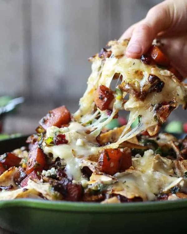cranberry-butternut-and-brussels-sprout-brie-skillet-nachos