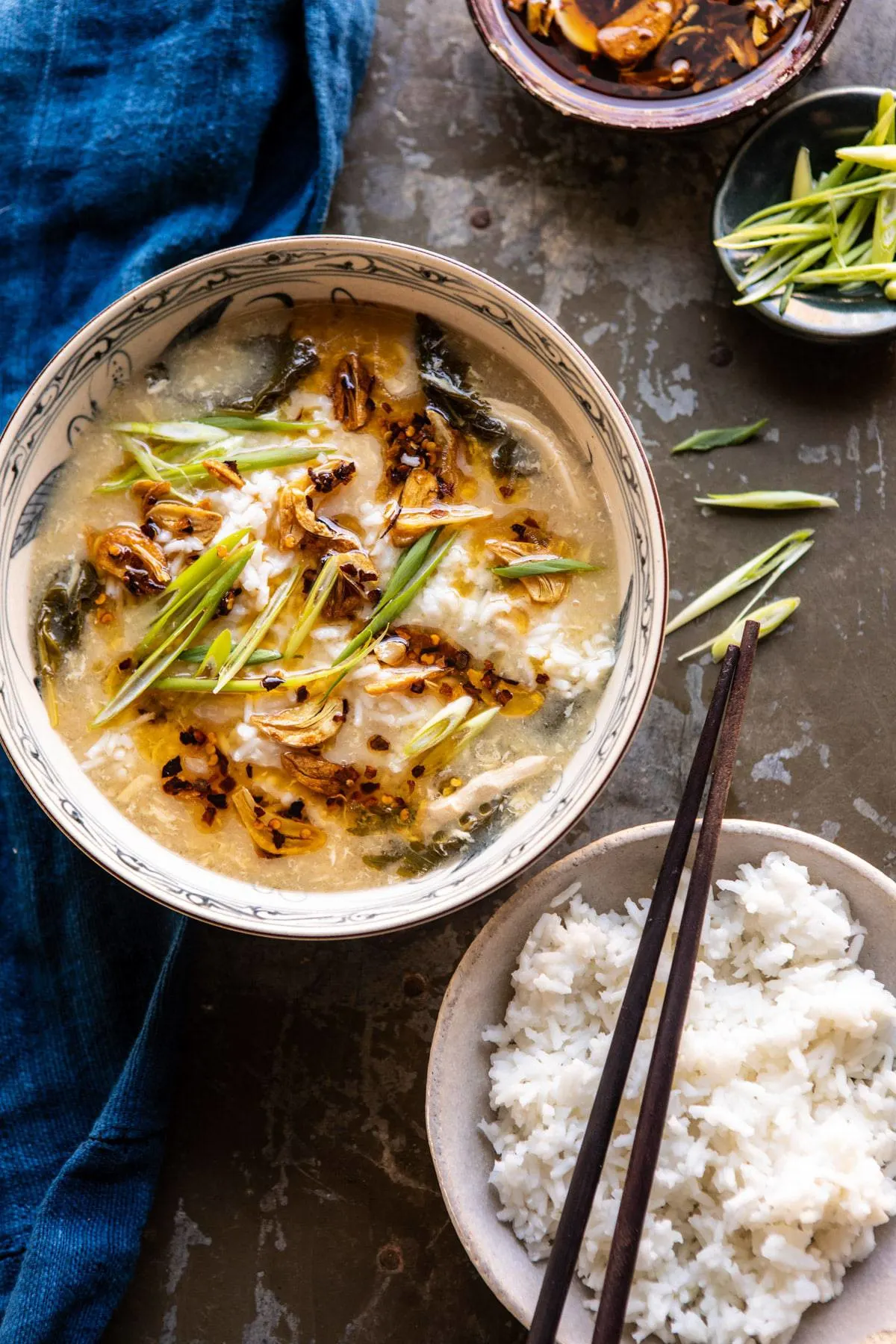 30-minute-chinese-egg-drop-chicken-and-rice-soup-with-garlicky-chile-oil