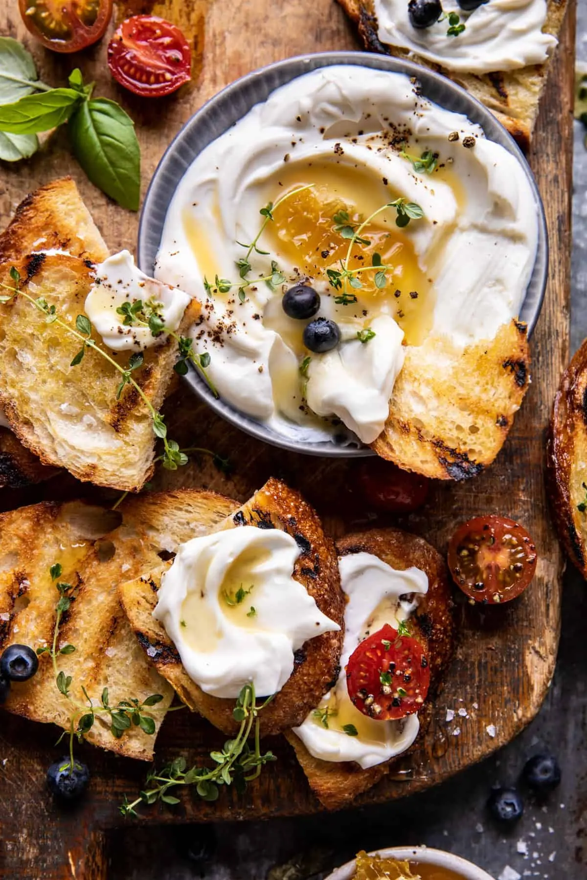 whipped-ricotta-toast-with-marinated-tomatoes-and-lemon-thyme-honey